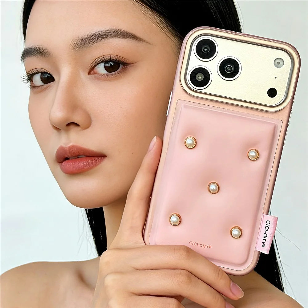 CICI-CITY For iPhone 17 Pro Max Case IMD Metallic Matte PU + TPU + PC Phone Cover Luxury Pearl Decorated - Pink - 2