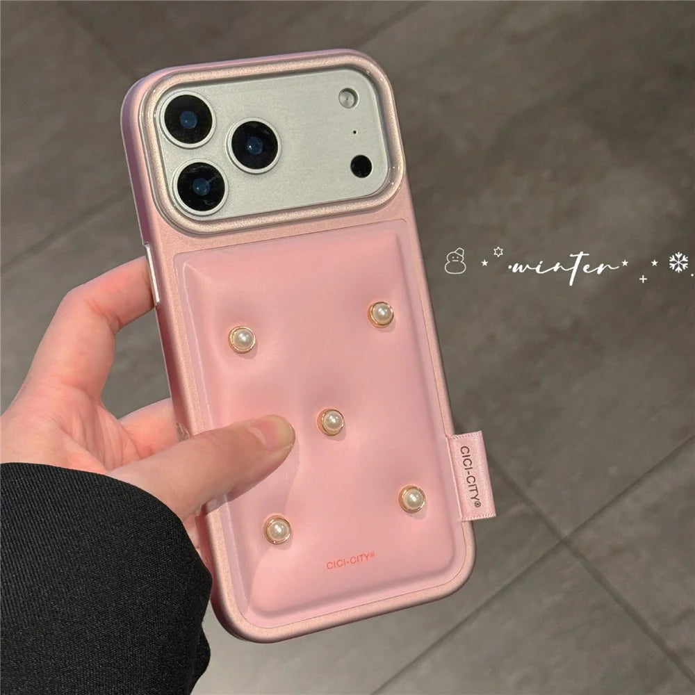 CICI-CITY For iPhone 17 Pro Max Case IMD Metallic Matte PU + TPU + PC Phone Cover Luxury Pearl Decorated - Pink - 3
