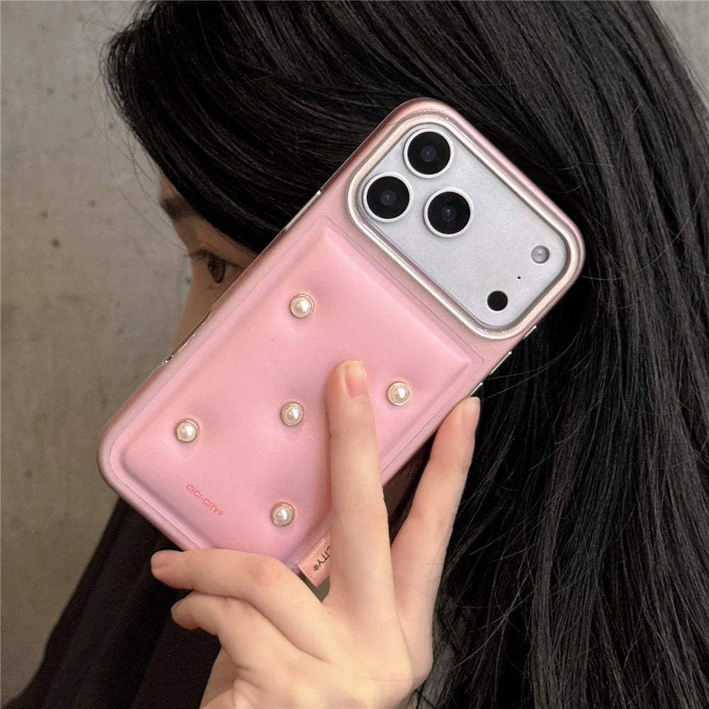 CICI-CITY For iPhone 17 Pro Max Case IMD Metallic Matte PU + TPU + PC Phone Cover Luxury Pearl Decorated - Pink - 4