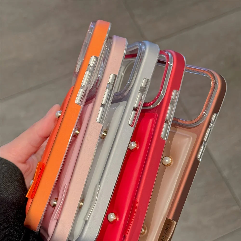 CICI-CITY For iPhone 17 Pro Case IMD Metallic Matte PU + TPU + PC Phone Cover Luxury Pearl Decorated - Pink - 6