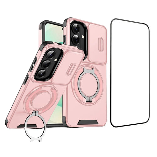 For Samsung Galaxy S26 Magnetic Case with Screen Film / Slide Lens Cover / Kickstand TPU + PC Phone Shell - Pink - 1