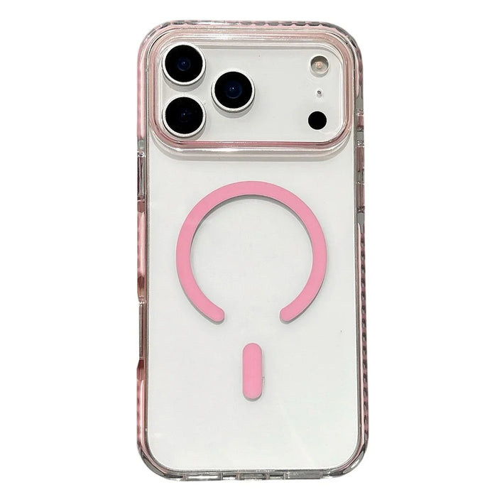 For iPhone 17 Pro Max Magnetic Case TPU PC Clear Phone Cover with Metal Buttons - Pink - 1