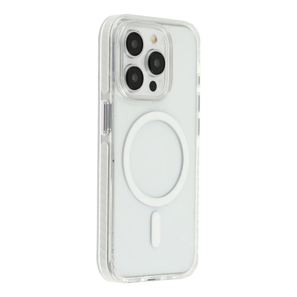 For iPhone 15 Pro Max Magnetic Case TPU PC Clear Phone Cover with Metal Buttons - White - 1