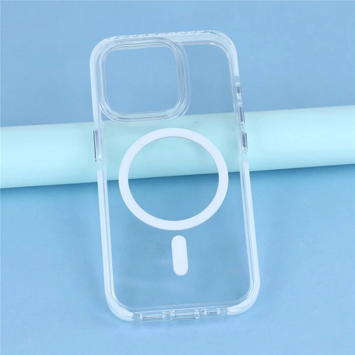 For iPhone 15 Pro Max Magnetic Case TPU PC Clear Phone Cover with Metal Buttons - White - 6