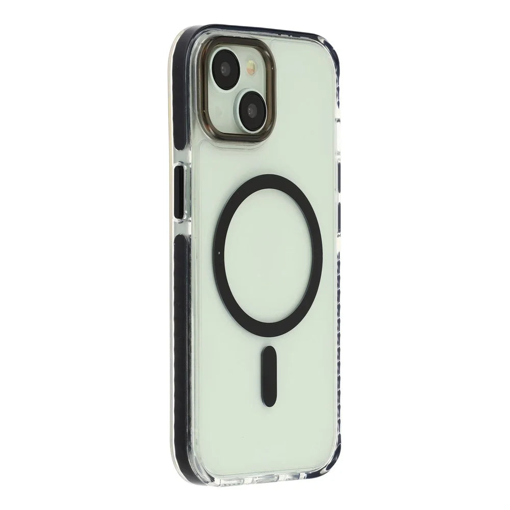 For iPhone 15 Magnetic Case TPU PC Clear Phone Cover with Metal Buttons - Black - 1