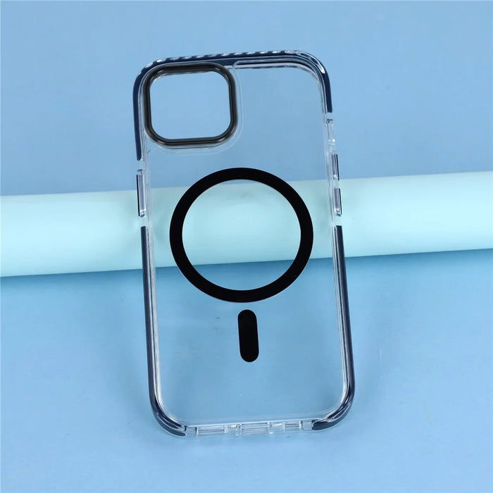 For iPhone 15 Magnetic Case TPU PC Clear Phone Cover with Metal Buttons - Black - 6