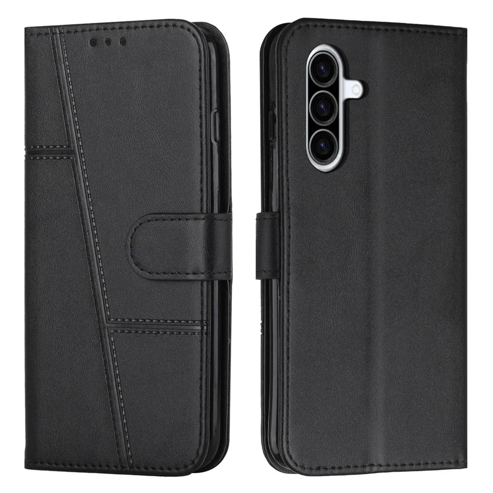 Leather Phone Case For Samsung Galaxy A57 5G Foldable Stand Wallet Flip Cover with Strap - Black - 1