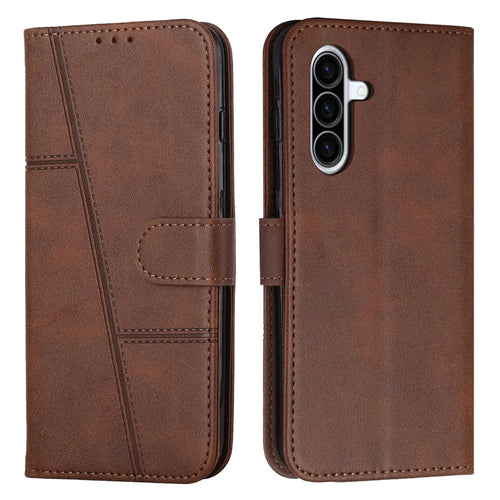 Leather Phone Case For Samsung Galaxy A37 5G Foldable Stand Wallet Flip Cover with Strap - Brown - 1