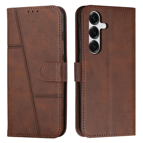 Leather Phone Case For Samsung Galaxy S26 Foldable Stand Wallet Flip Cover with Strap - Brown - 1