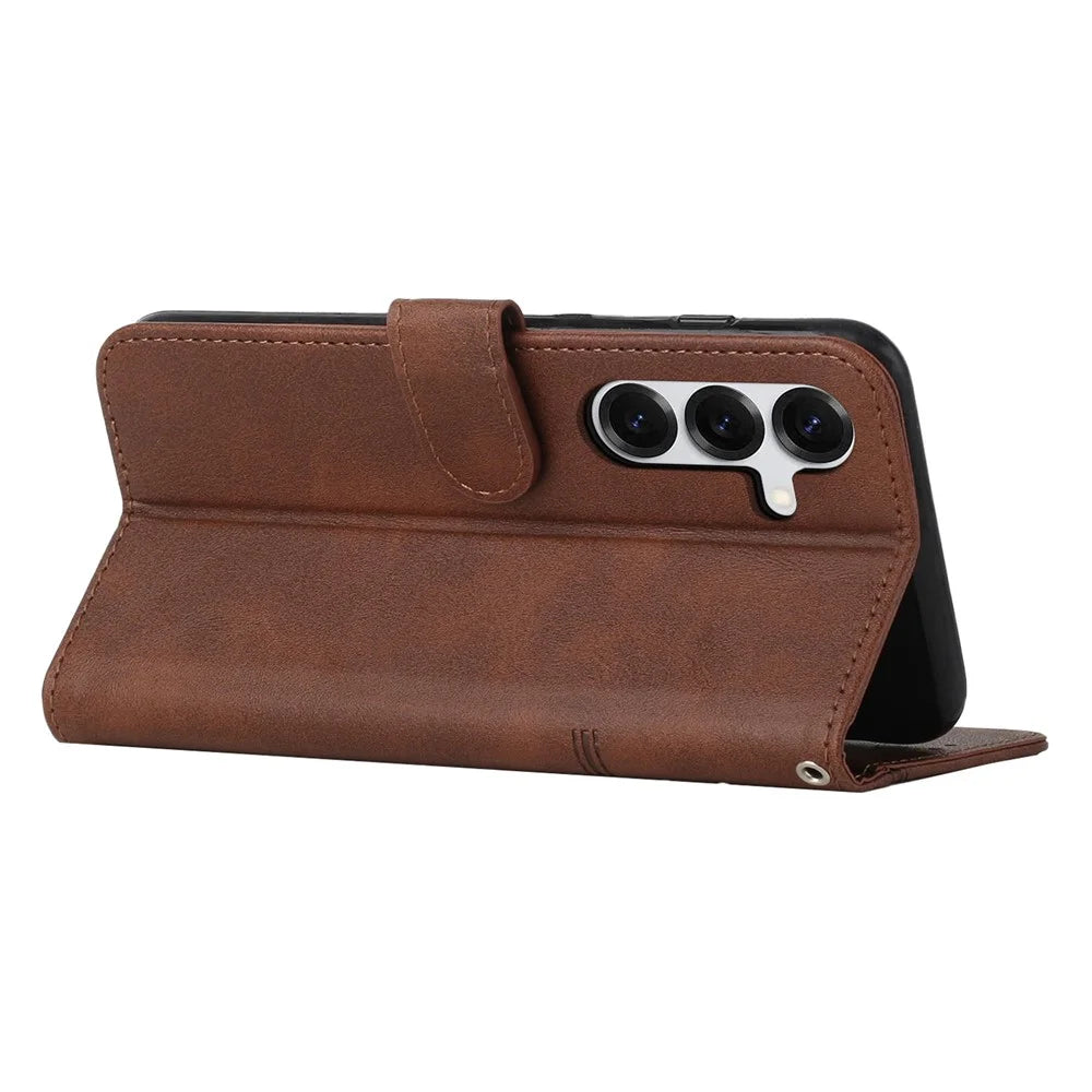 Leather Phone Case For Samsung Galaxy S26 Foldable Stand Wallet Flip Cover with Strap - Brown - 3