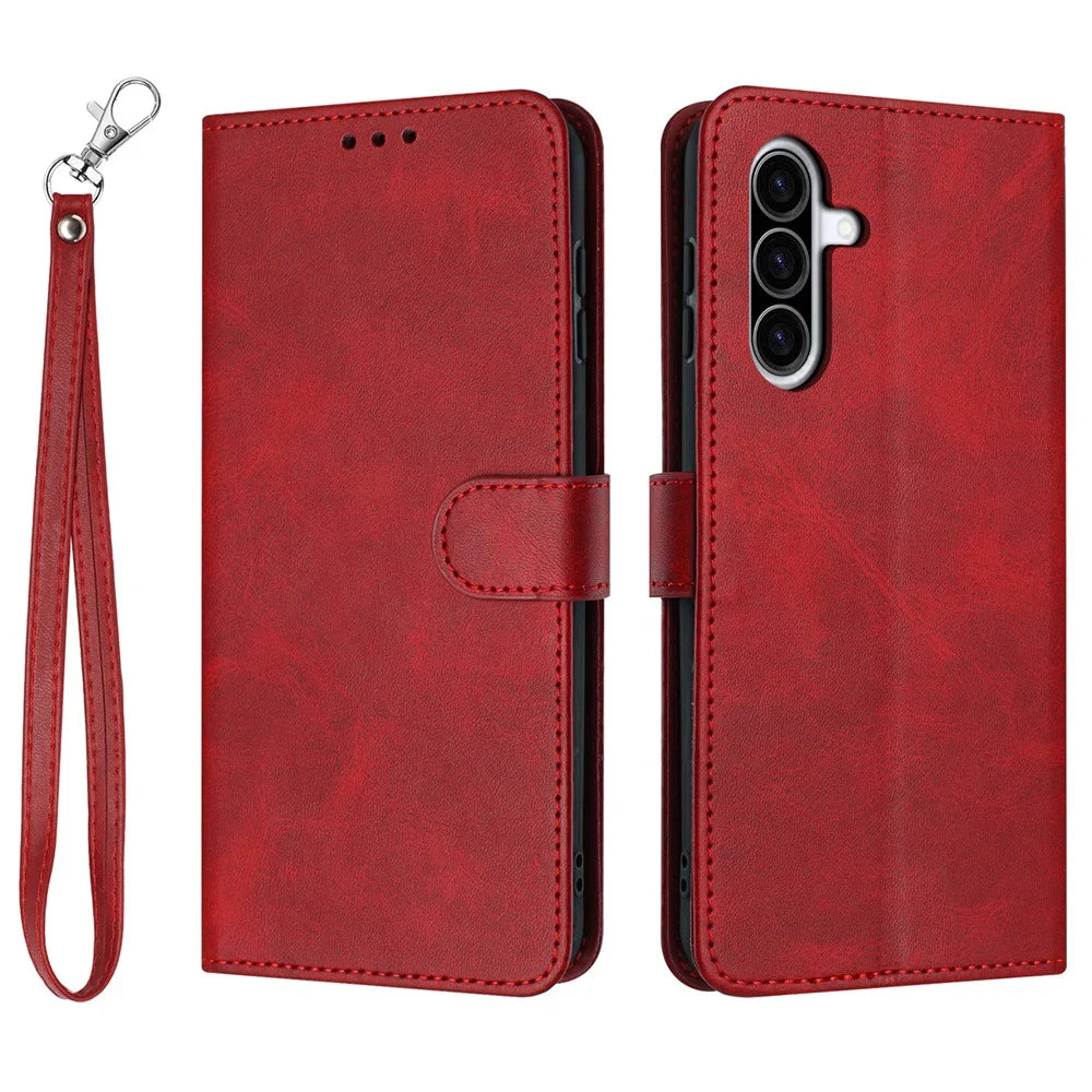 For Samsung Galaxy A57 5G Wallet Case Flip Stand Calf Texture PU Leather Phone Cover with Strap - Red - 1