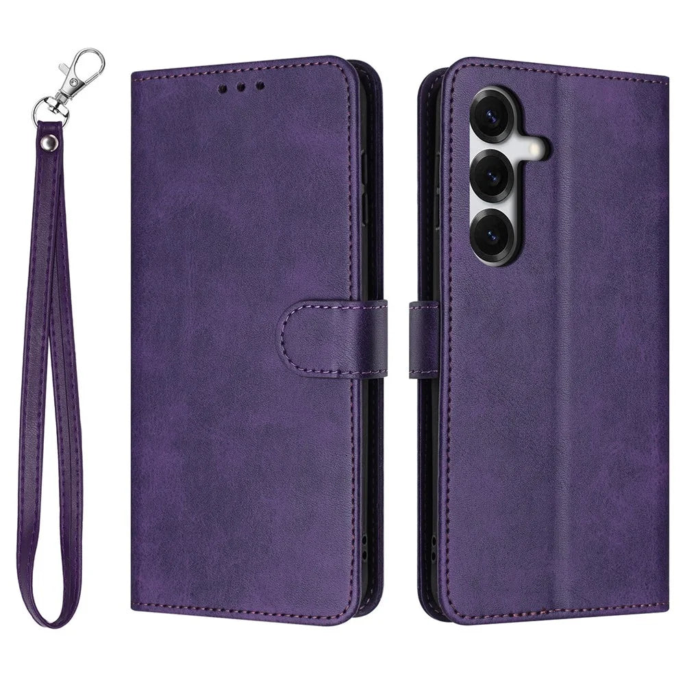 For Samsung Galaxy S26+ Wallet Case Flip Stand Calf Texture PU Leather Phone Cover with Strap - Purple - 1