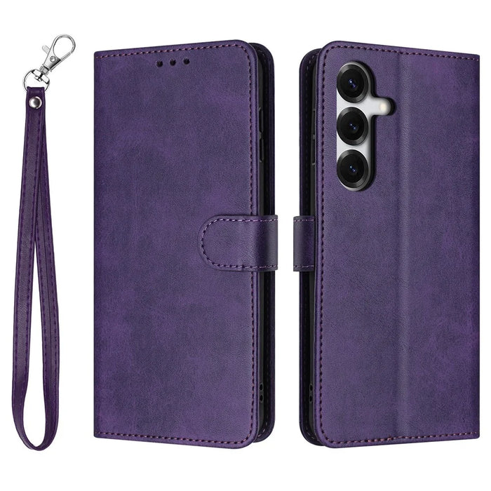 For Samsung Galaxy S26+ Wallet Case Flip Stand Calf Texture PU Leather Phone Cover with Strap - Purple - 1