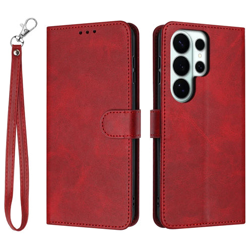 For Samsung Galaxy S26 Ultra Wallet Case Flip Stand Calf Texture PU Leather Phone Cover with Strap - Red - 1