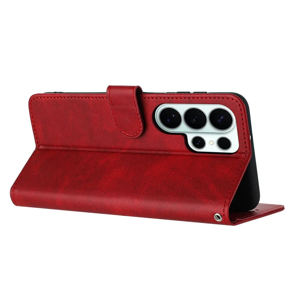 For Samsung Galaxy S26 Ultra Wallet Case Flip Stand Calf Texture PU Leather Phone Cover with Strap - Red - 2