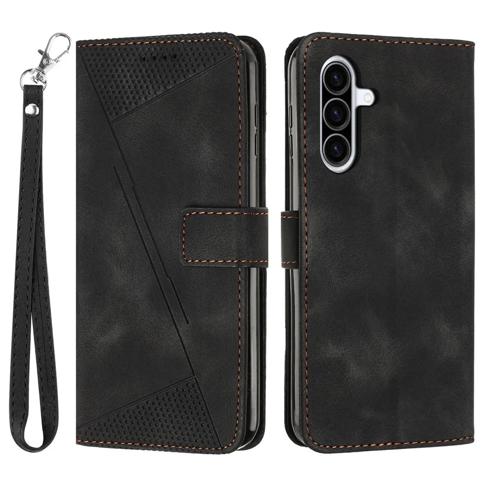 For Samsung Galaxy A57 5G Leather Case Imprinted Triangle Phone Cover with Hand Strap - Black - 1