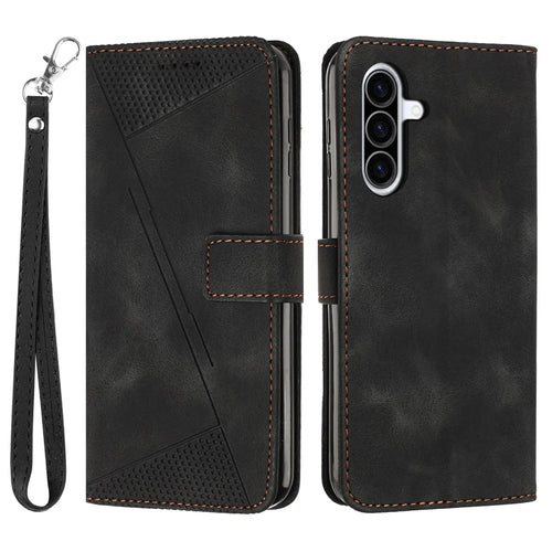 For Samsung Galaxy A57 5G Leather Case Imprinted Triangle Phone Cover with Hand Strap - Black - 1