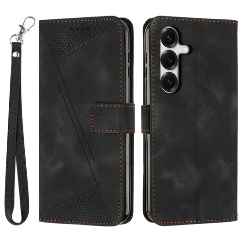 Leather Case For Samsung Galaxy S26 Imprinted Triangle Phone Cover with Hand Strap - Black - 1