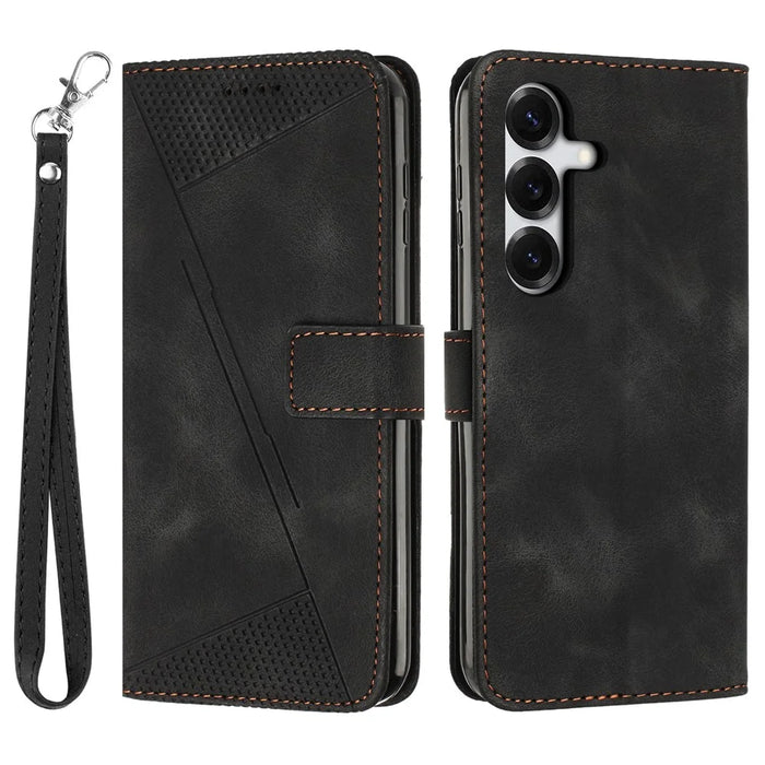 Leather Case For Samsung Galaxy S26 Imprinted Triangle Phone Cover with Hand Strap - Black - 1