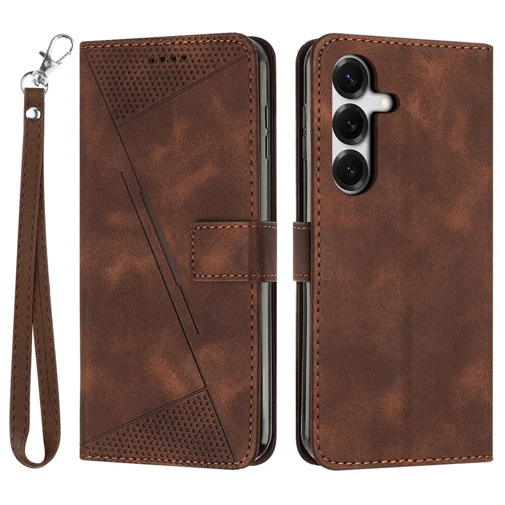 For Samsung Galaxy S26+ Leather Case Imprinted Triangle Phone Cover with Hand Strap - Brown - 1