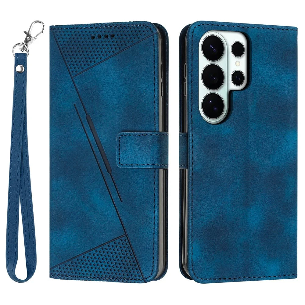 For Samsung Galaxy S26 Ultra Leather Case Imprinted Triangle Phone Cover with Hand Strap - Blue - 1