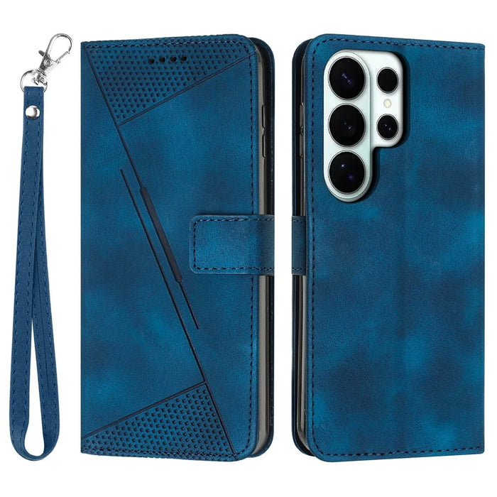 For Samsung Galaxy S26 Ultra Leather Case Imprinted Triangle Phone Cover with Hand Strap - Blue - 1