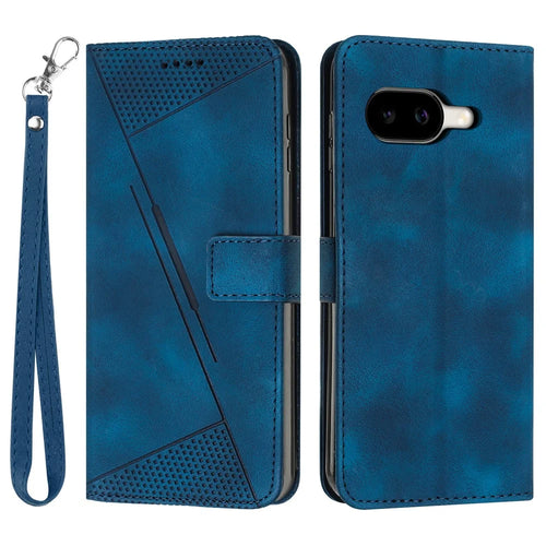 For Google Pixel 10a Leather Case Imprinted Triangle Phone Cover with Hand Strap - Blue - 1