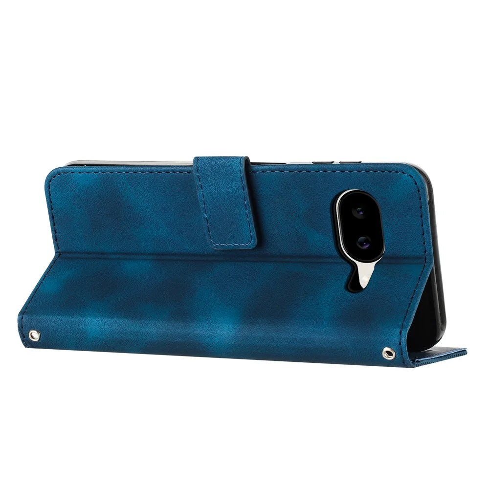 For Google Pixel 10a Leather Case Imprinted Triangle Phone Cover with Hand Strap - Blue - 2