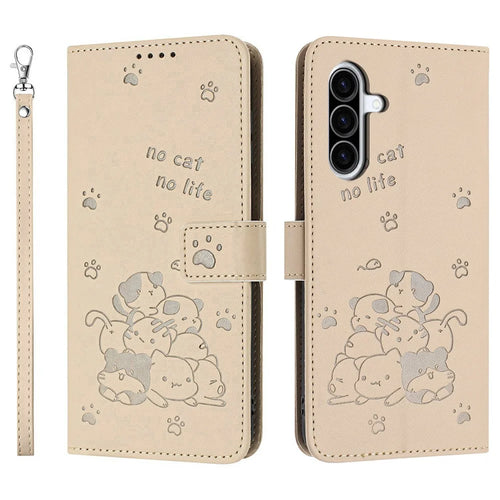 For Samsung Galaxy A57 5G Wallet Case Cats Imprint Leather Phone Cover with Strap - Beige - 1