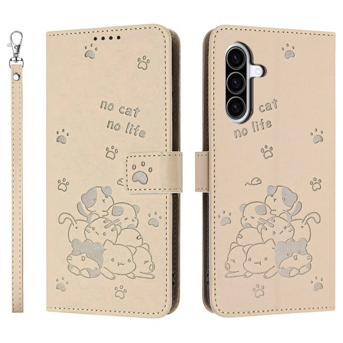 For Samsung Galaxy A57 5G Wallet Case Cats Imprint Leather Phone Cover with Strap - Beige - 1