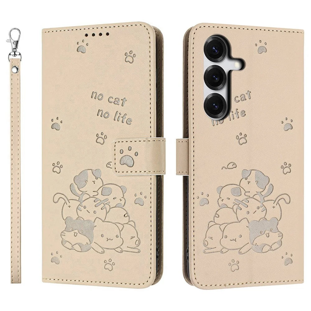 Wallet Case For Samsung Galaxy S26 Cats Imprint Leather Phone Cover with Strap - Beige - 1