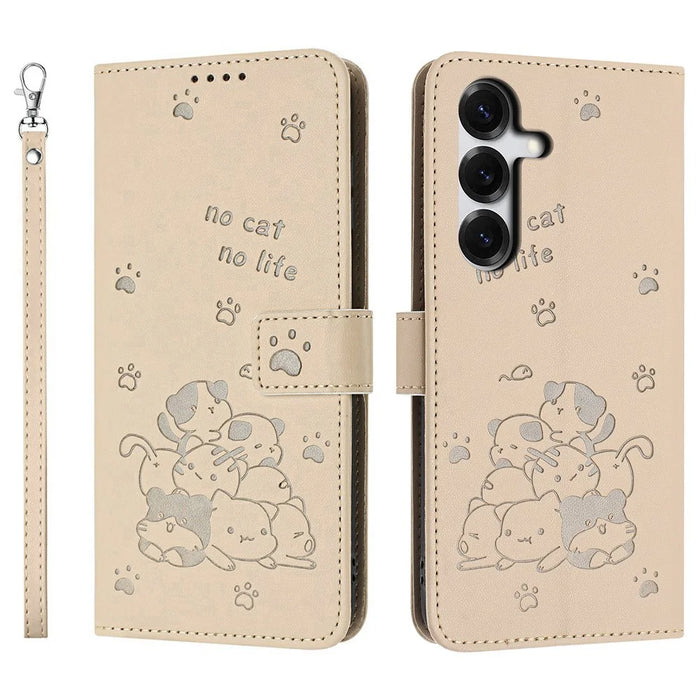 Wallet Case For Samsung Galaxy S26 Cats Imprint Leather Phone Cover with Strap - Beige - 1