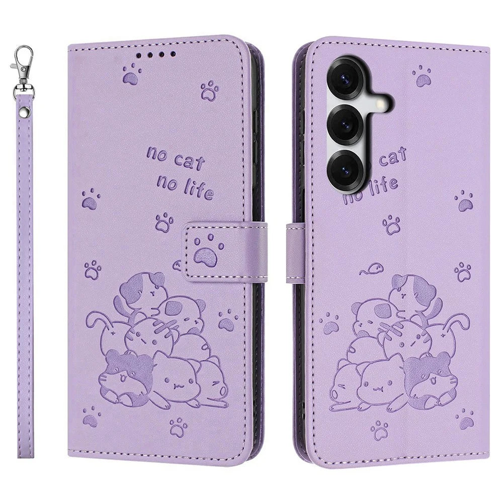 For Samsung Galaxy S26+ Wallet Case Cats Imprint Leather Phone Cover with Strap - Purple - 1