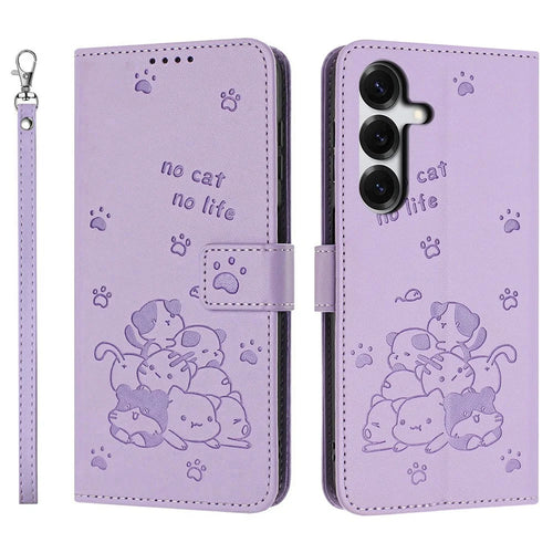 For Samsung Galaxy S26+ Wallet Case Cats Imprint Leather Phone Cover with Strap - Purple - 1