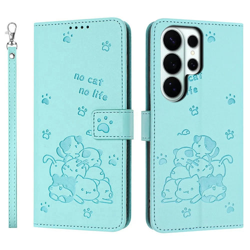 For Samsung Galaxy S26 Ultra Wallet Case Cats Imprint Leather Phone Cover with Strap - Green - 1