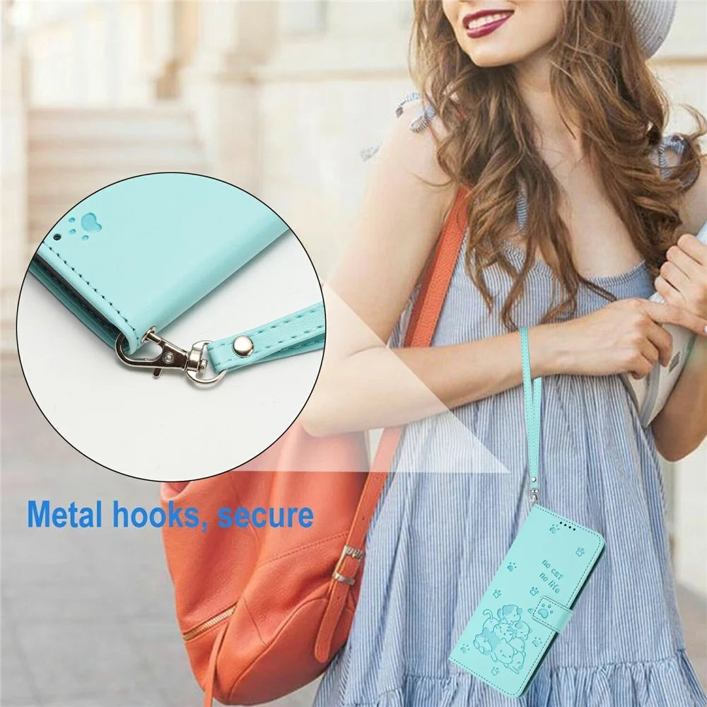 For Samsung Galaxy S26 Ultra Wallet Case Cats Imprint Leather Phone Cover with Strap - Green - 4
