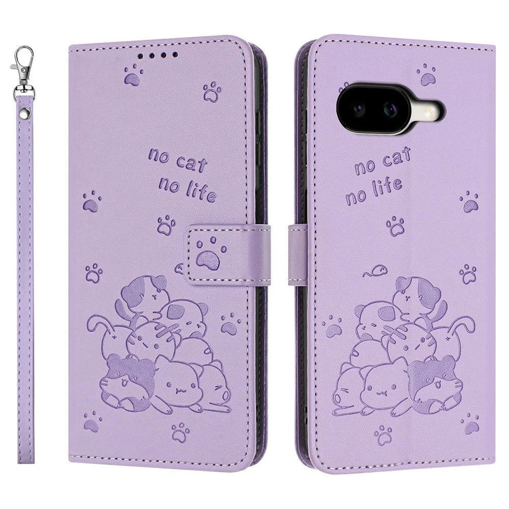 For Google Pixel 10a Wallet Case Cats Imprint Leather Phone Cover with Strap - Purple - 1