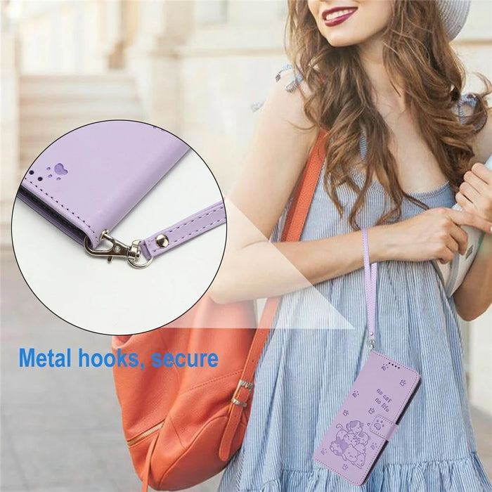 For Google Pixel 10a Wallet Case Cats Imprint Leather Phone Cover with Strap - Purple - 4