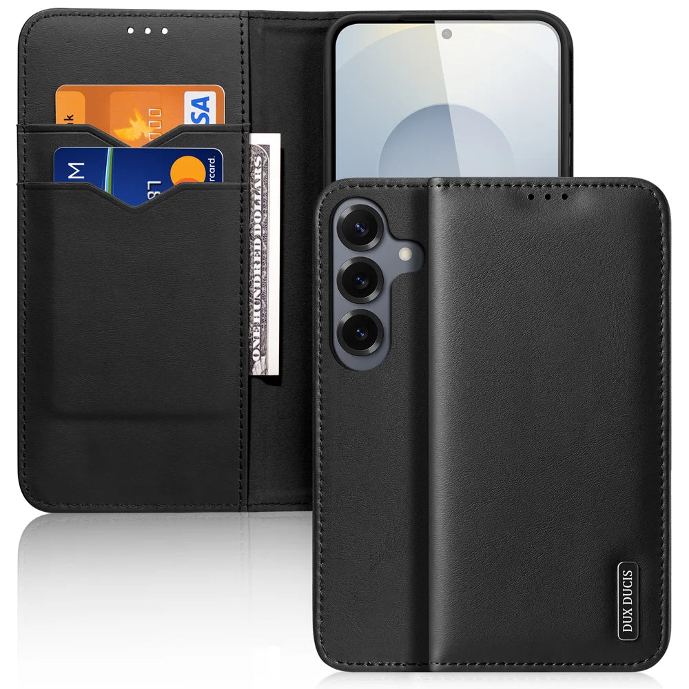 DUX DUCIS For Samsung Galaxy S26 Case  Hivo Series Cowhide Leather RFID Blocking Wallet Stand Flip Phone Cover - Black - 1