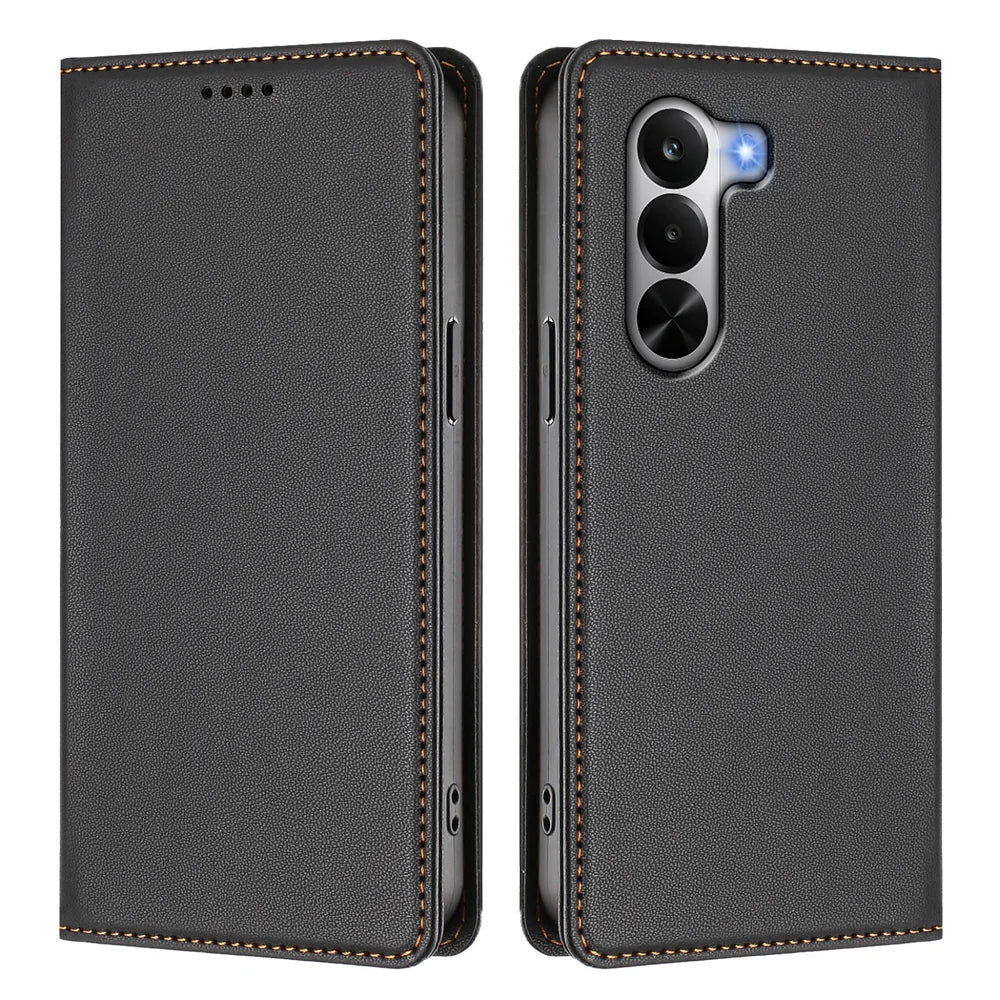 For Realme P4x 5G Leather Wallet Case Magnetic Closure RFID Blocking Phone Cover - Black - 1