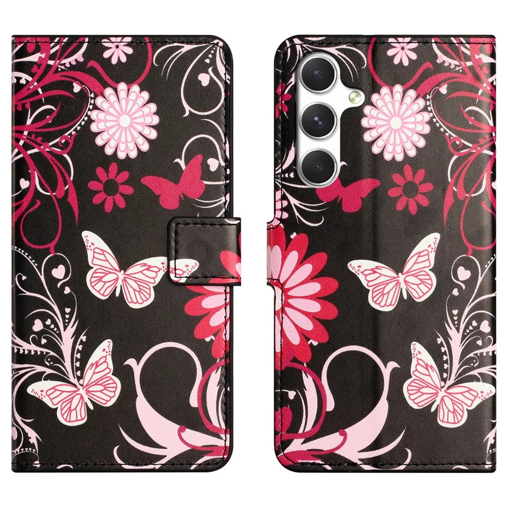 For Samsung Galaxy S26 Case Pattern Print PU Leather Wallet Phone Cover - Black Butterfly - 1