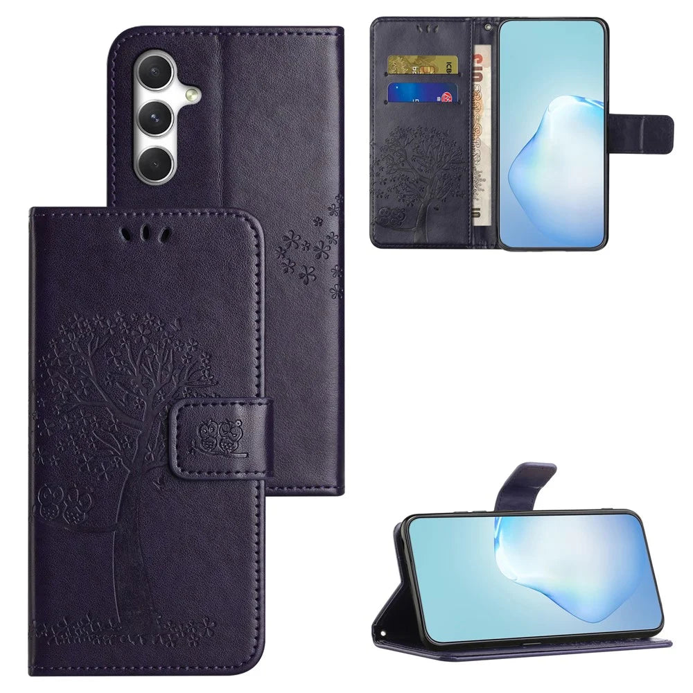 For Samsung Galaxy S26 Case PU Leather Owl Tree Imprinted Wallet Phone Cover with Strap - Dark Blue - 4