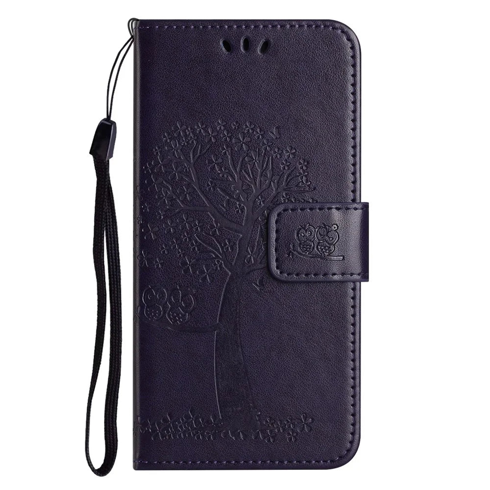 For Samsung Galaxy S26 Case PU Leather Owl Tree Imprinted Wallet Phone Cover with Strap - Dark Blue - 5