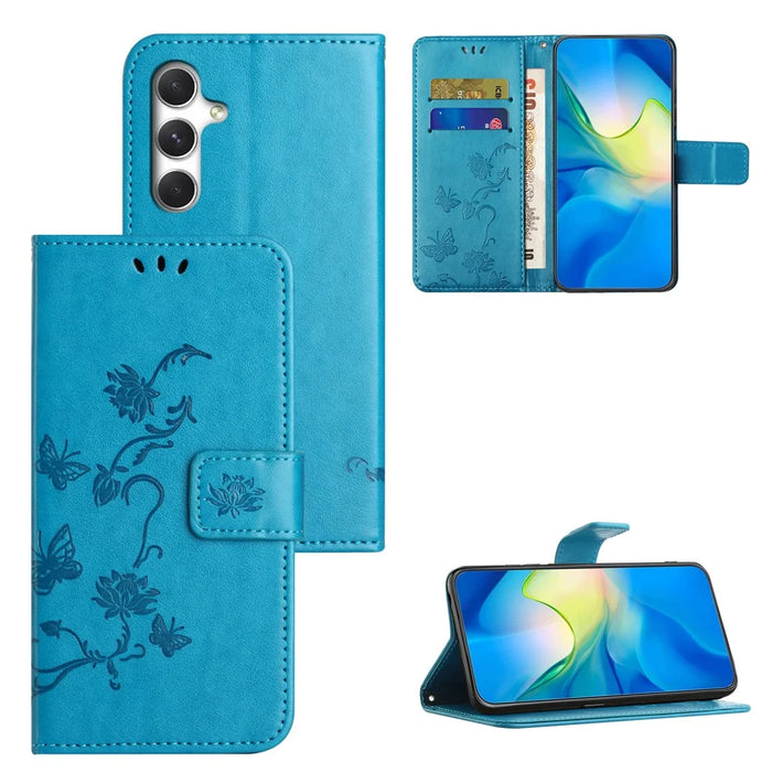 For Samsung Galaxy S26 Case Wallet Stand Imprinted Butterfly Flower PU Leather Phone Cover - Blue - 4