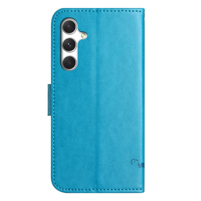 For Samsung Galaxy S26 Case Wallet Stand Imprinted Butterfly Flower PU Leather Phone Cover - Blue - 6