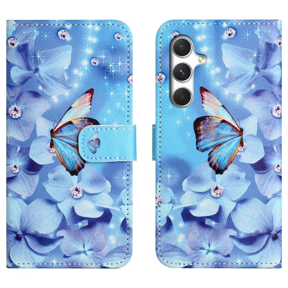 For Samsung Galaxy S26 Case Pattern Print PU Leather Wallet Phone Cover Cross Texture - Flower and Butterfly - 1