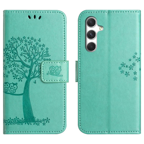 For Samsung Galaxy S26+ Case PU Leather Owl Tree Imprinted Wallet Phone Cover with Strap - Cyan - 1