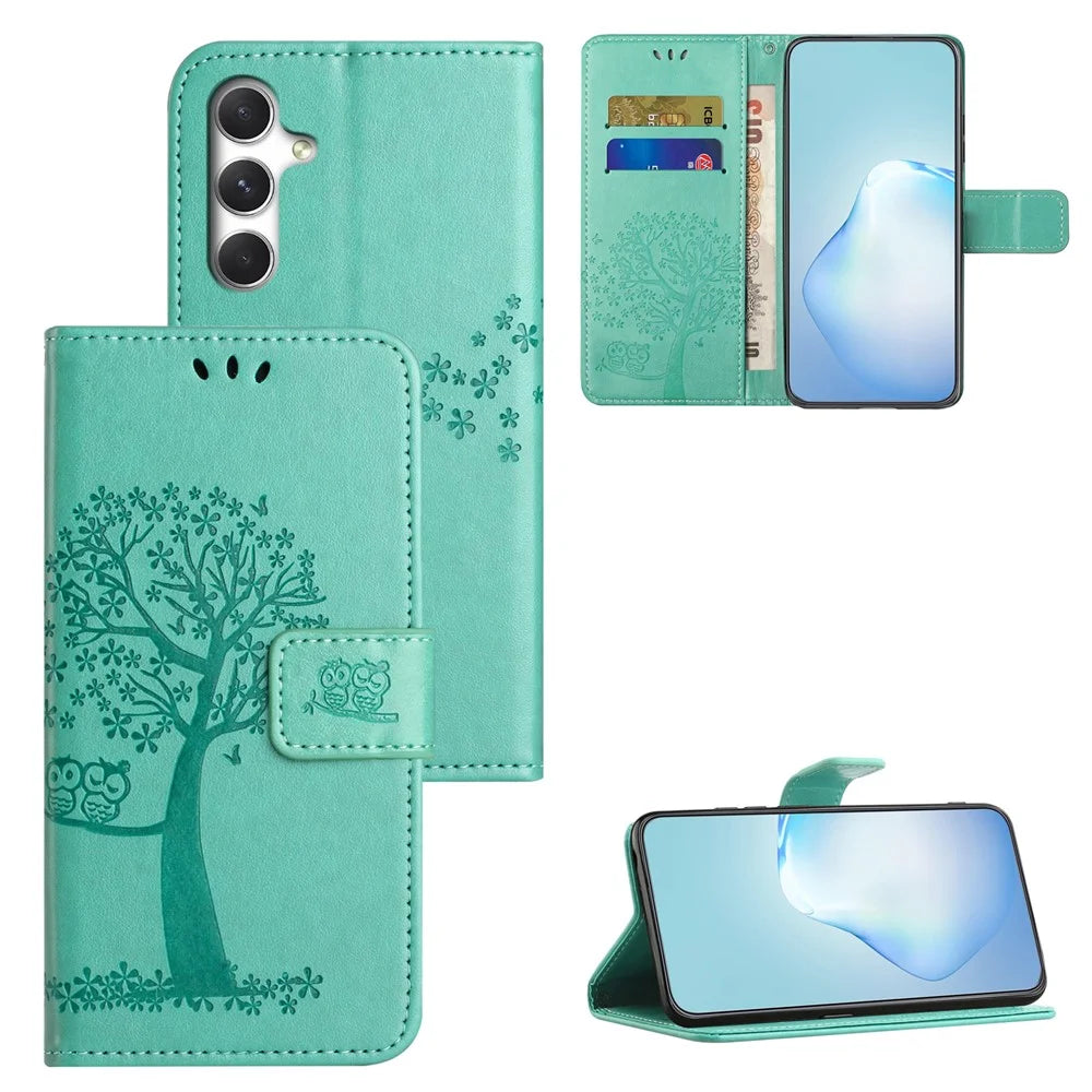 For Samsung Galaxy S26+ Case PU Leather Owl Tree Imprinted Wallet Phone Cover with Strap - Cyan - 4