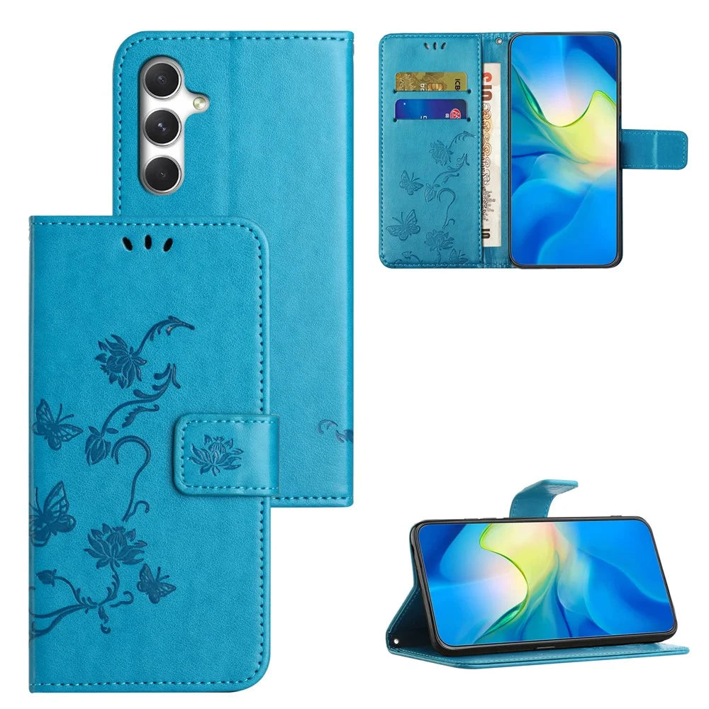 For Samsung Galaxy S26+ Case Wallet Stand Imprinted Butterfly Flower PU Leather Phone Cover - Blue - 4