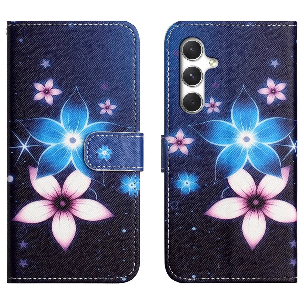 For Samsung Galaxy S26+ Case Pattern Print PU Leather Wallet Phone Cover Cross Texture - Blue Flower - 1